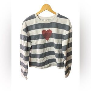 Sundry Striped Heart Crop Sweatshirt in Gray, Cream & Red